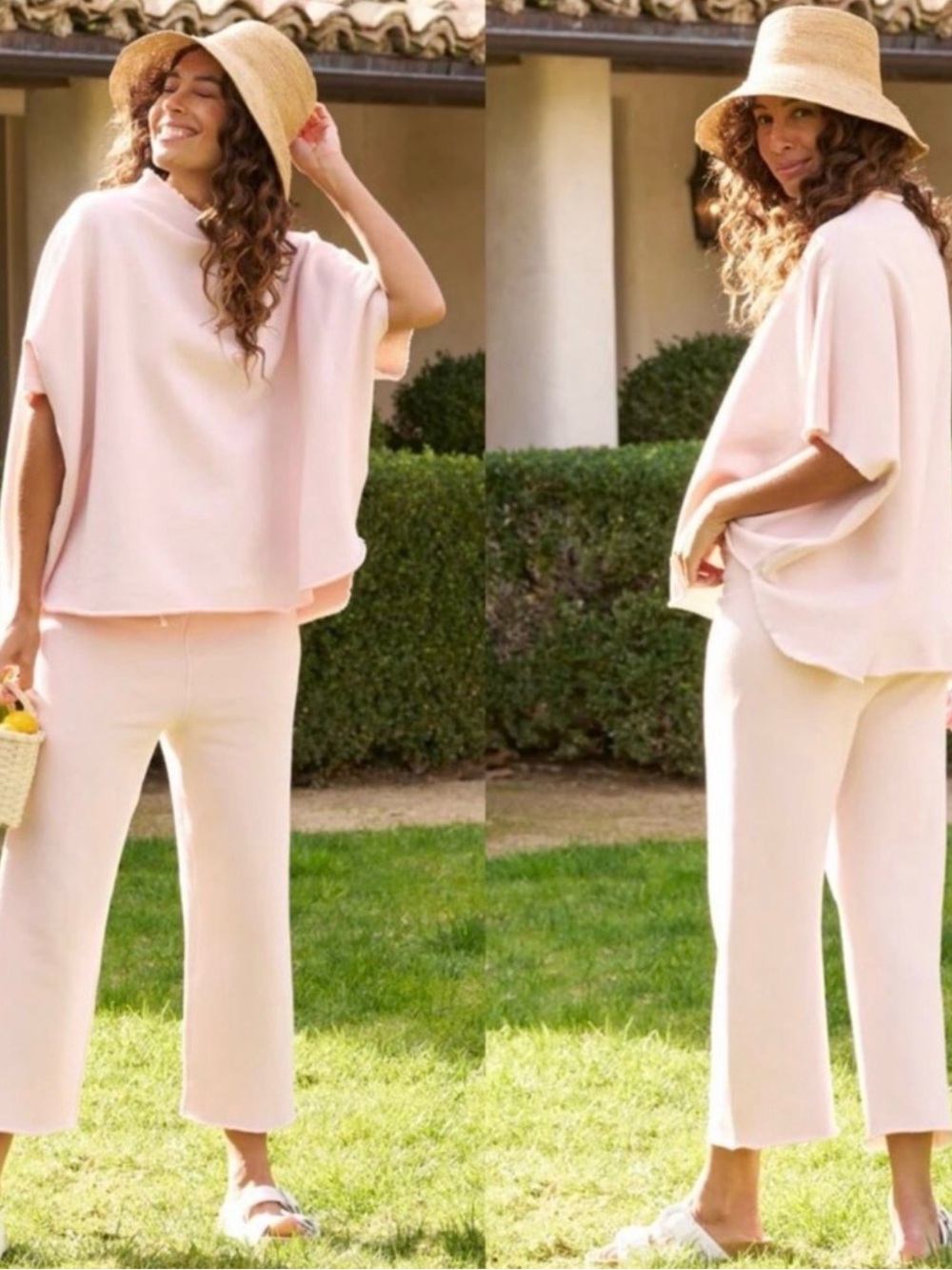 Frank & Eileen set. Capelet and x-small Catherine pants. Malibu light pink